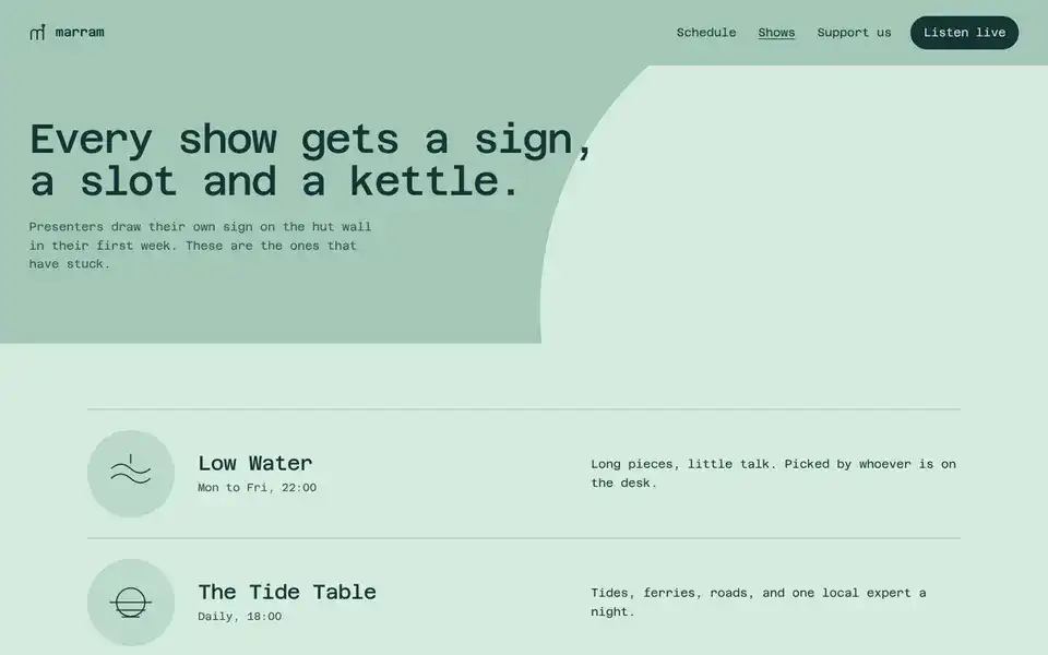 Marram Radio, page "Shows index", first screen
