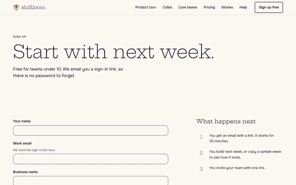 Shiftloom, page "Sign up with form", first screen