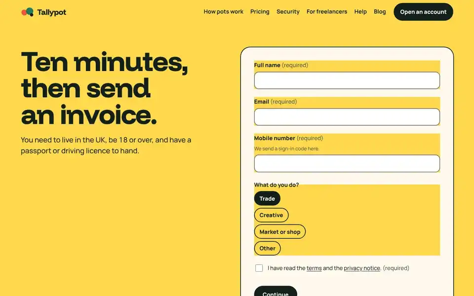 Tallypot, page "Sign up", first screen