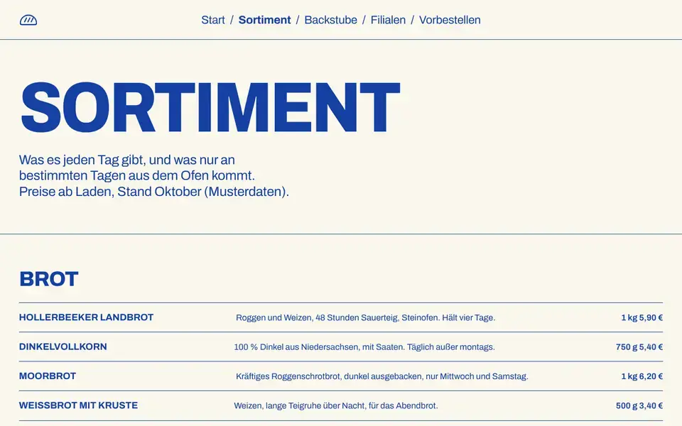 Hollerbeek, page "Sortiment", first screen