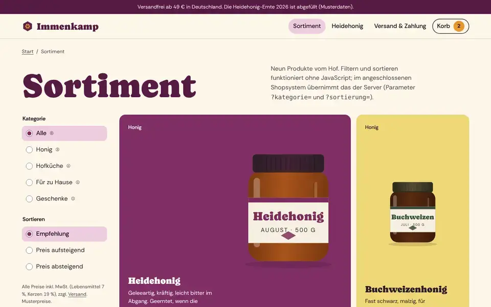 Immenkamp, page "Sortiment: Honig, Hofküche, Geschenke", first screen