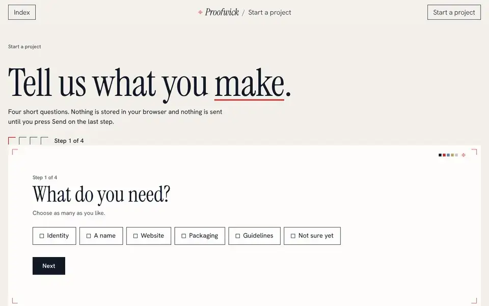 Proofwick, page "Start a project (4-step enquiry)", first screen