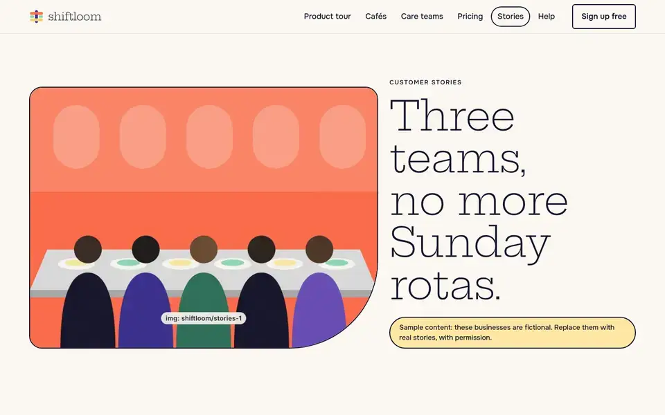 Shiftloom, Seite „Customer stories (sample, marked)“, erster Bildschirm