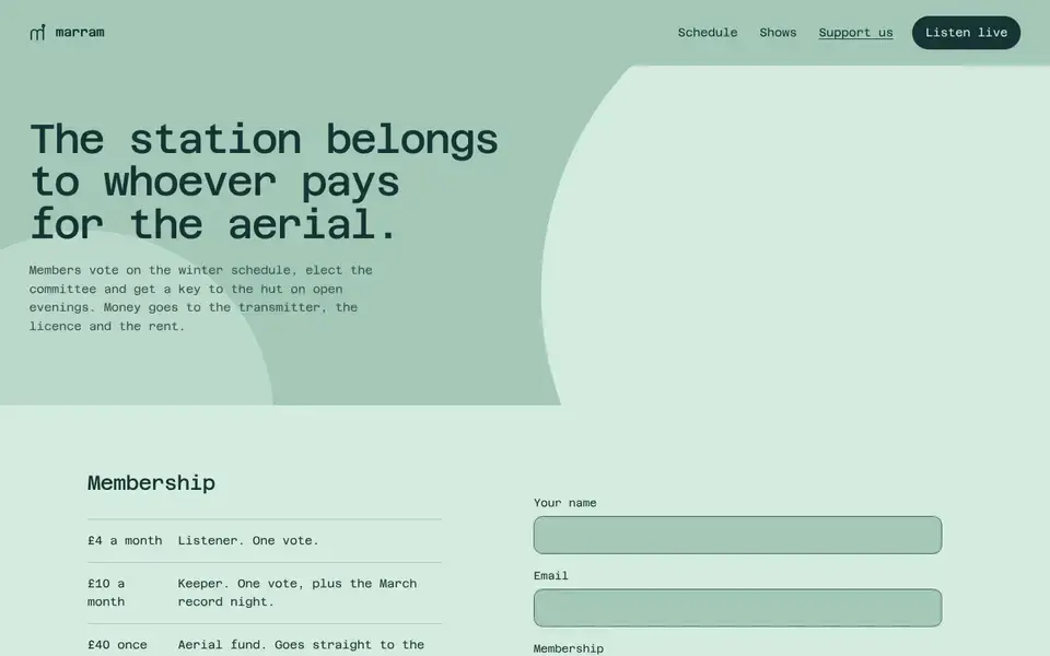 Marram Radio, Seite „Membership and volunteering (forms)“, erster Bildschirm