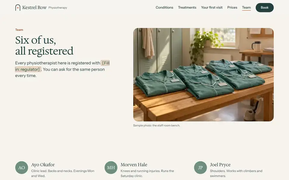 Kestrel Row, page "Team", first screen