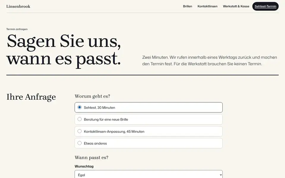 Linsenbrook, Seite „Termin anfragen“, erster Bildschirm