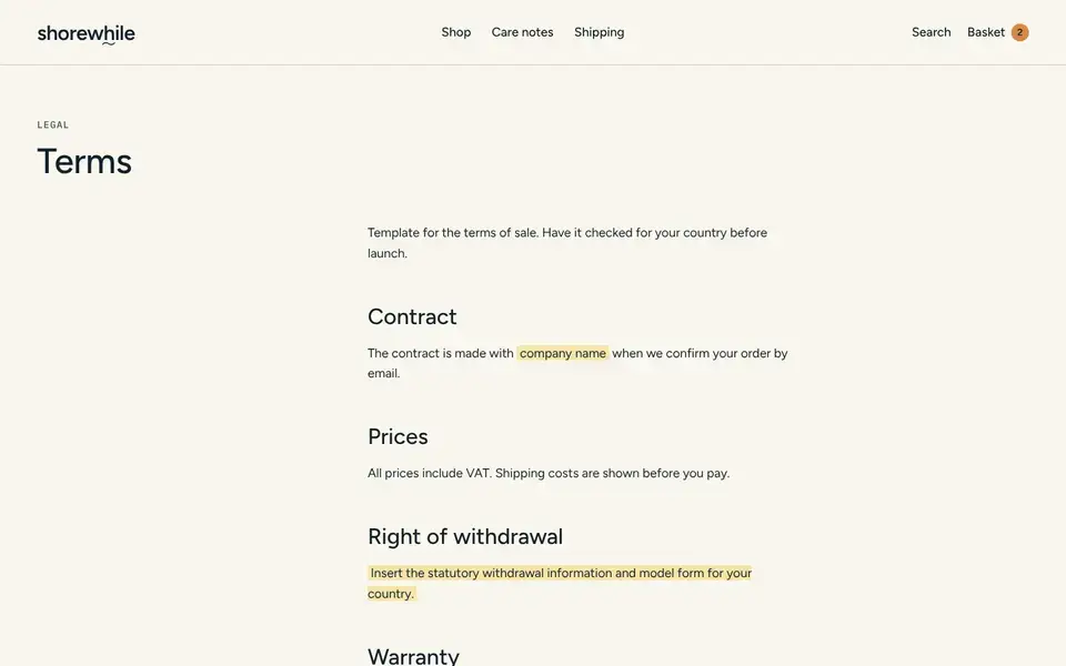Shorewhile, page "Terms (template)", first screen