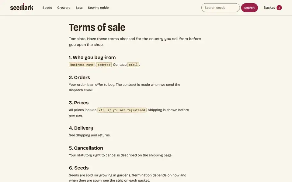 Seedlark, page "Terms (template)", first screen