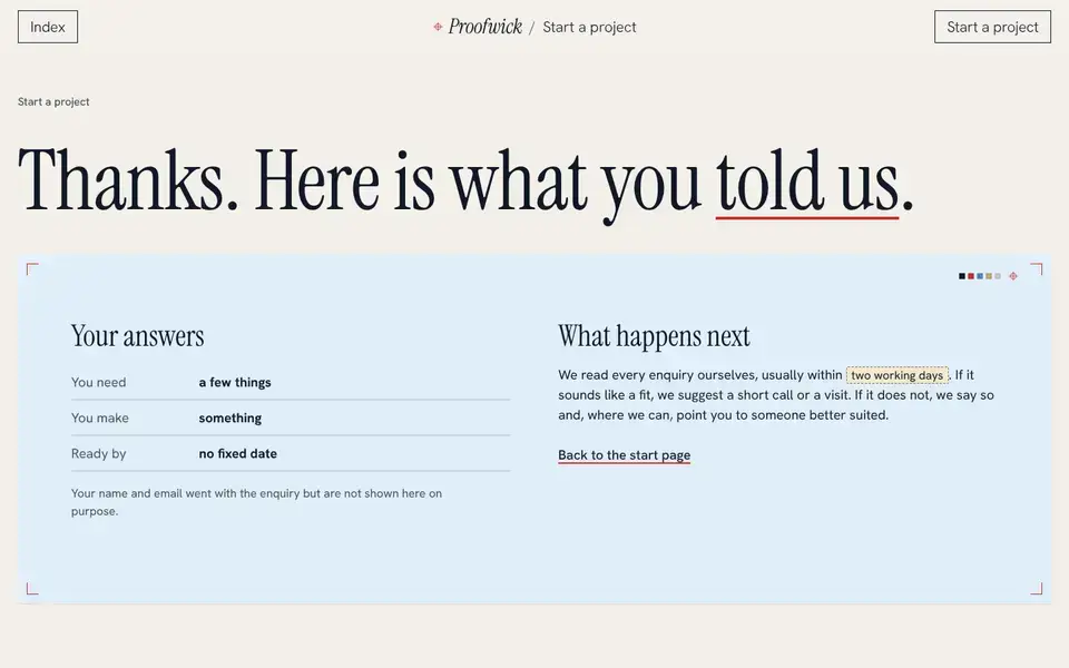 Proofwick, page "Thanks (your answers, next steps)", first screen