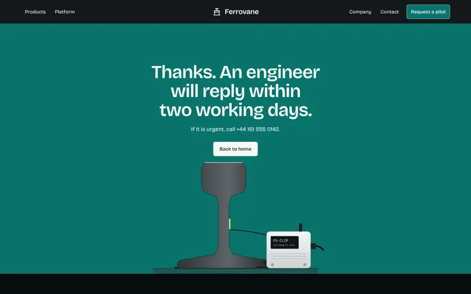 Ferrovane, page "Thank-you page", first screen
