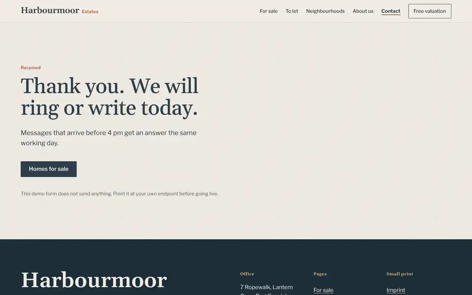 Harbourmoor, Seite „Thank you“, erster Bildschirm