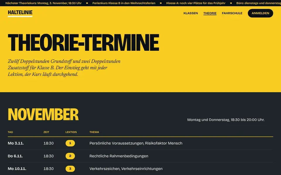 Haltelinie, Seite „Theorie-Termine“, erster Bildschirm