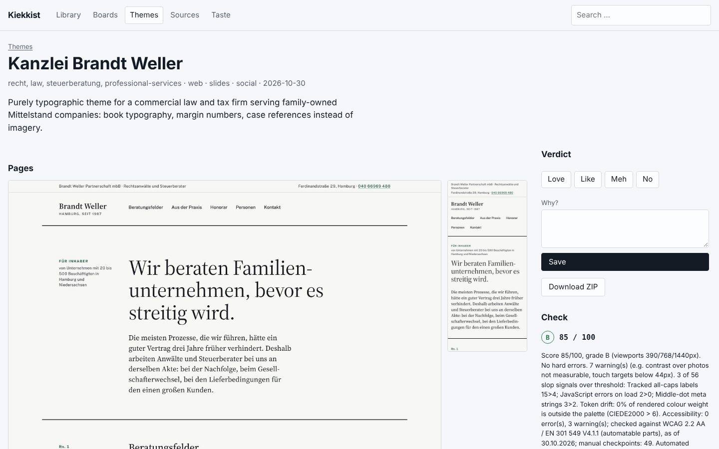 Kiekkist tool with the Kanzlei Brandt Weller example and its check result