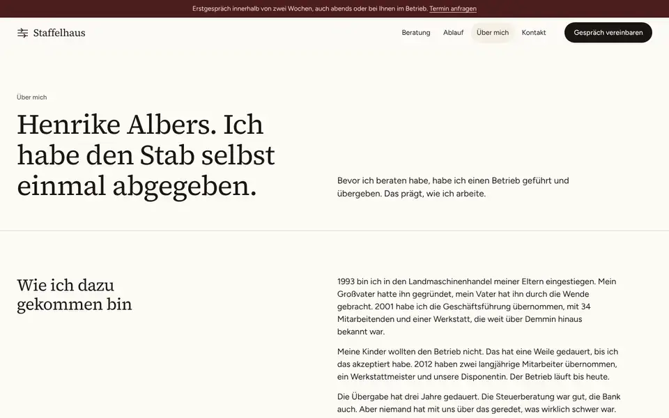 Staffelhaus, Seite „Über mich“, erster Bildschirm