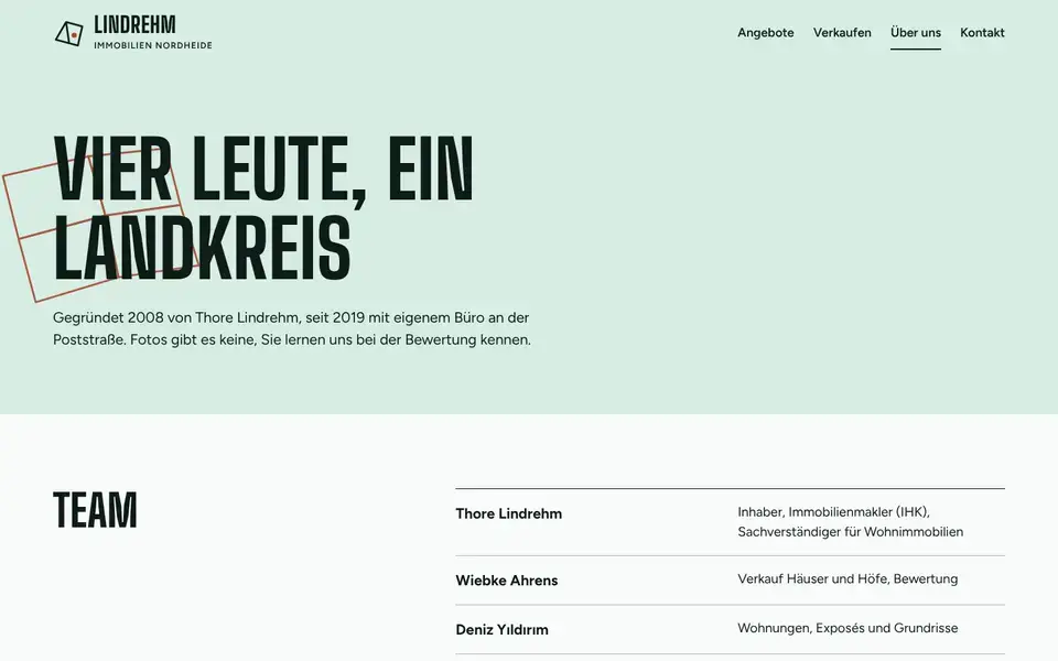Lindrehm, page "Über uns: Team und Region", first screen