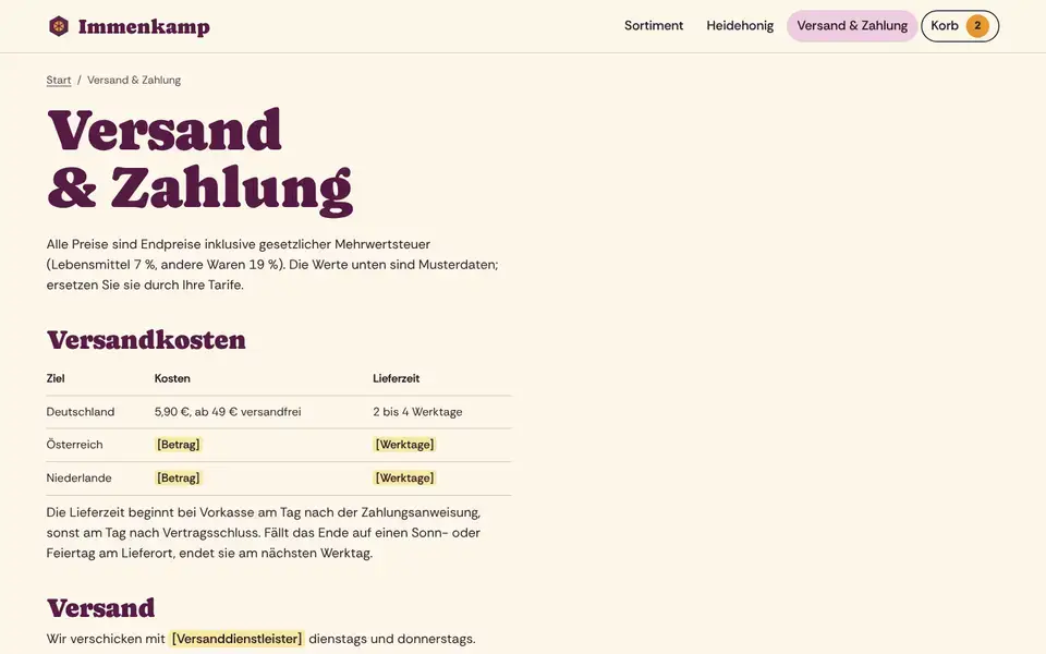 Immenkamp, page "Versand & Zahlung", first screen