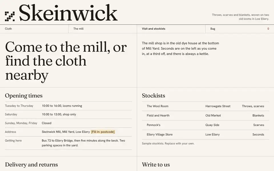 Skeinwick, page "Visit, stockists, delivery, contact", first screen