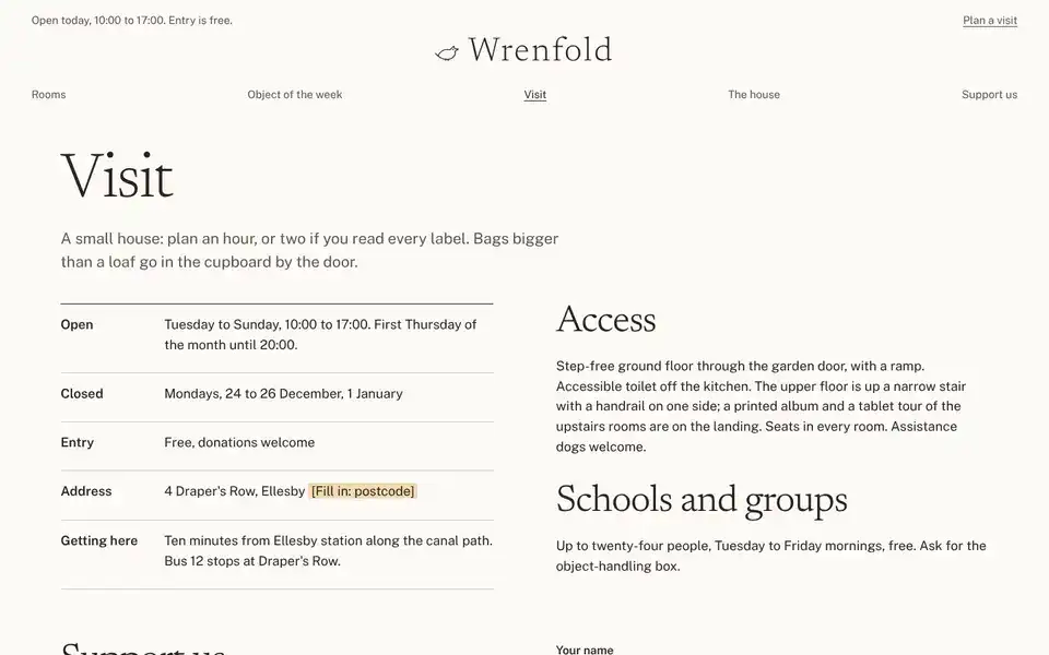 Wrenfold, page "Visit, access, groups, support", first screen