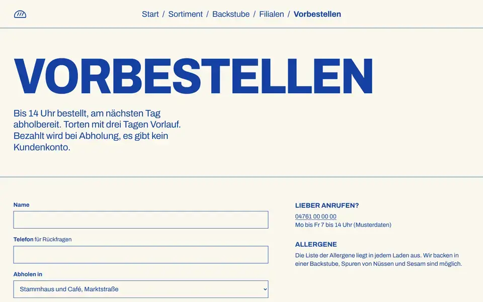 Hollerbeek, page "Vorbestellen (Formular)", first screen
