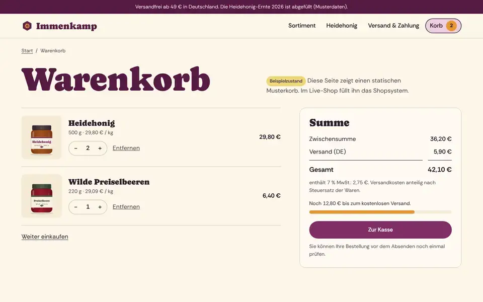 Immenkamp, page "Warenkorb", first screen