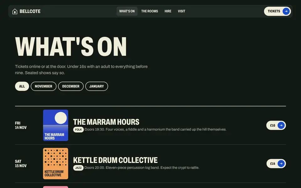 Bellcote, Seite „What's on (listings with month filter)“, erster Bildschirm