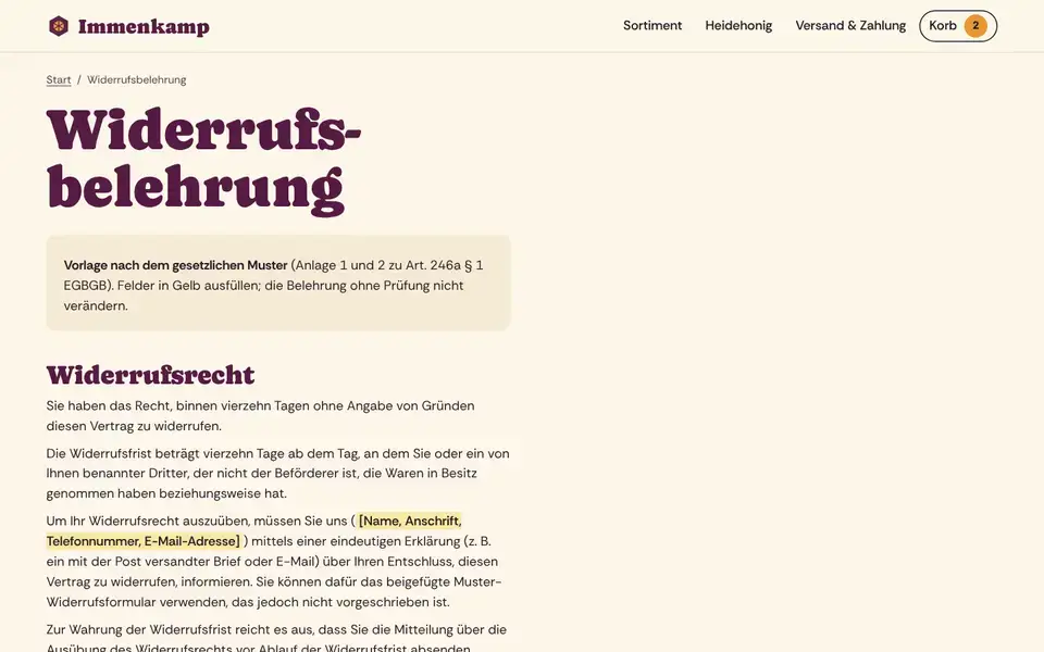 Immenkamp, page "Widerrufsbelehrung", first screen