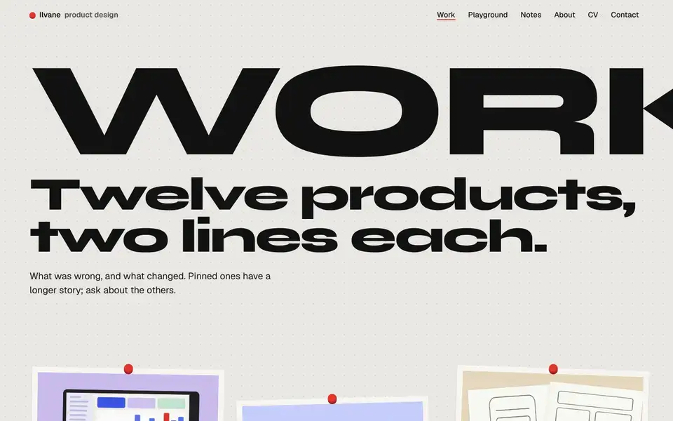 Ilvane, page "Work: pinned wall and index", first screen